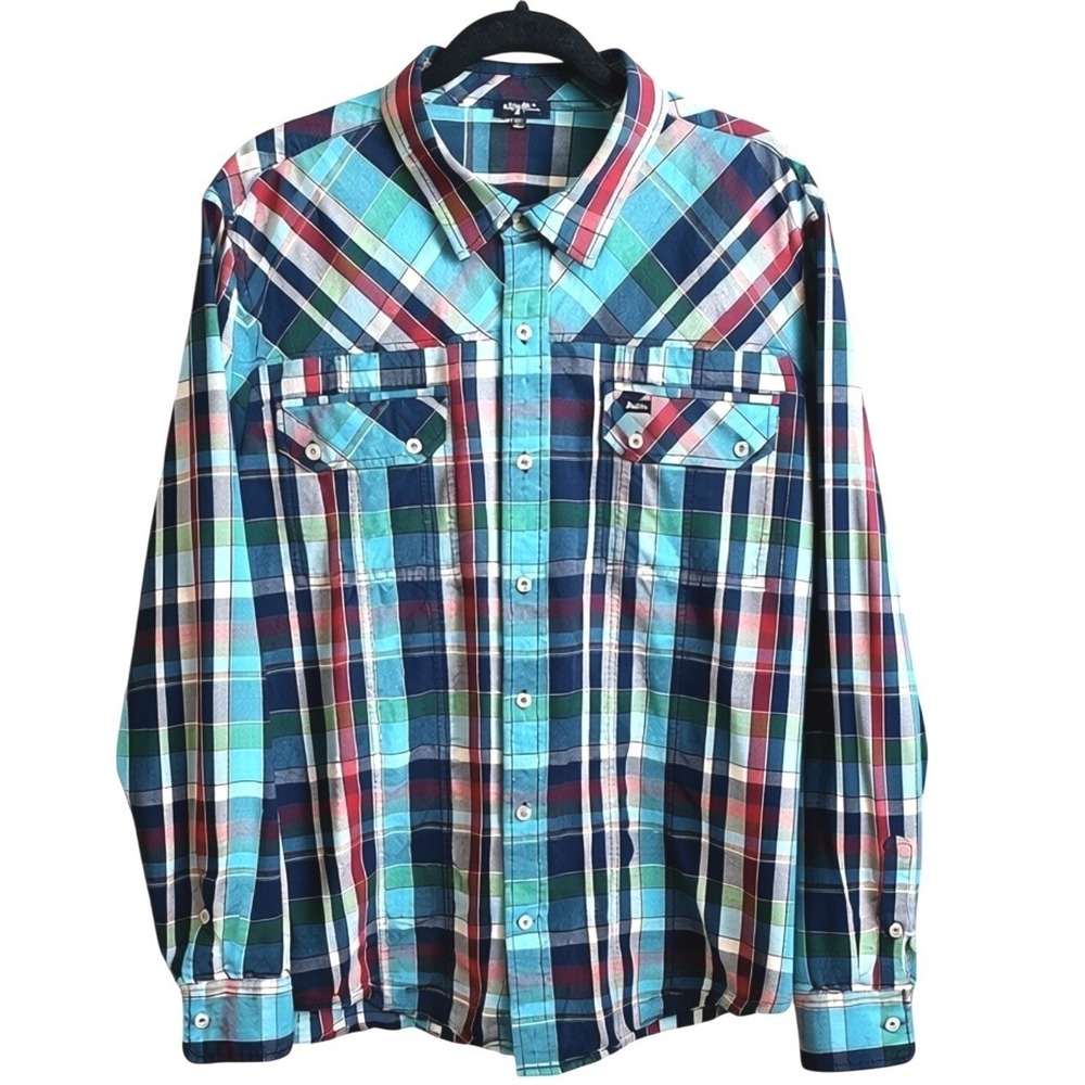 Americana Cowboy LRG Western Shirt Turquoise Red Plaid Button Up Mens 3XL